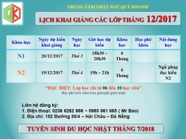 Lịch khai giảng các lớp tiếng Nhật cao cấp Tháng 12/2017 Lịch khai giảng các lớp tiếng Nhật cao cấp Tháng 12/2017